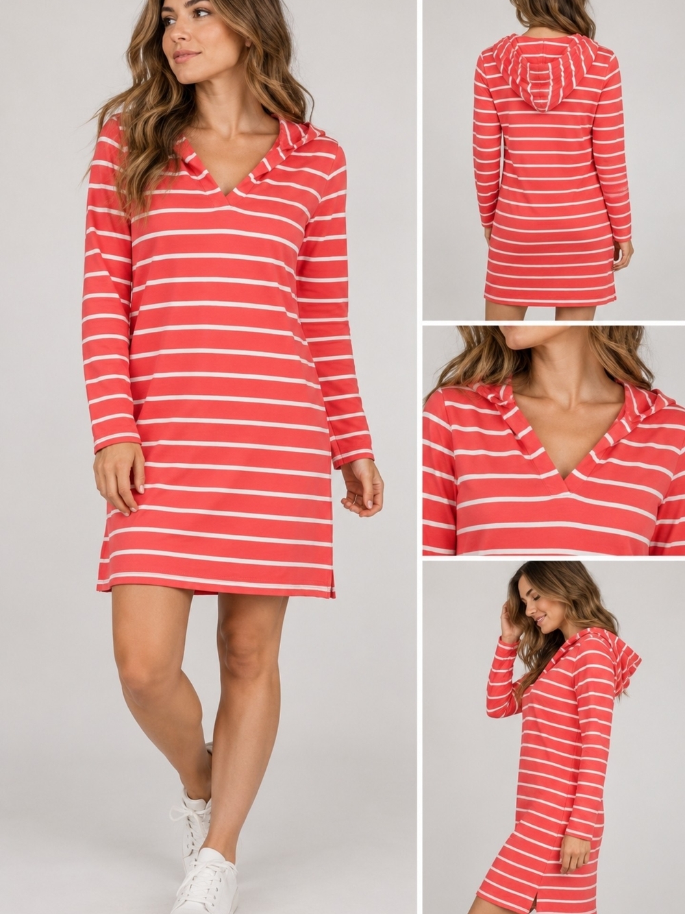Isaac Mizrahi New York Women’s Coral Striped Hooded Dress Long Sleeve Size S